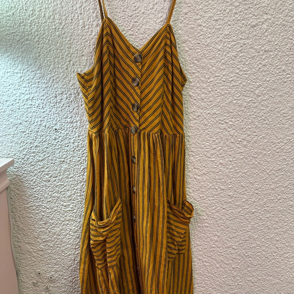 Japna 100% Cotton Mustard Yellow and Black Striped Maxi Sundress Dress Size M
